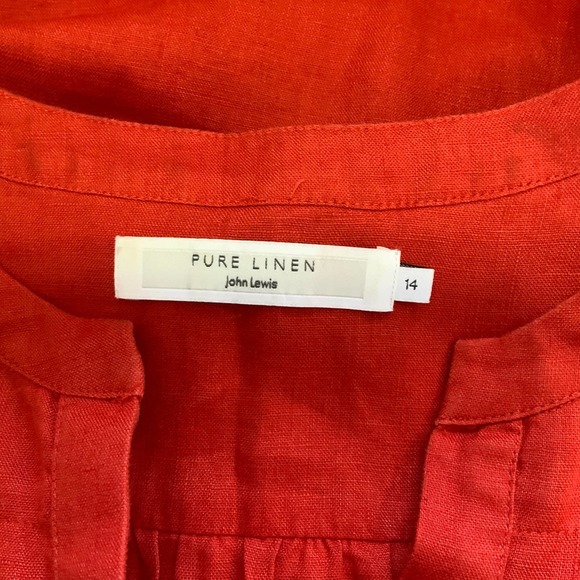 John Lewis Pure Linen Blouse V-neck Orange Red Sleeveless Popover  14 - Picture 3 of 5